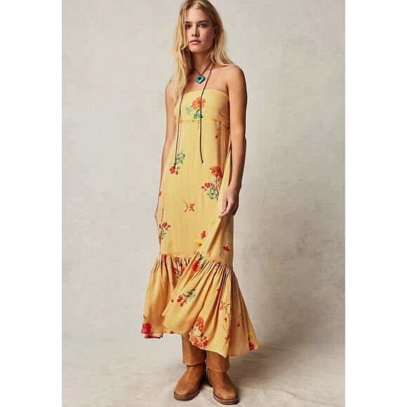 Free People Dresses & Skirts - Free People Midi Sundress Strappy Sz XL Yellow Floral Rosie Posie Ruffle Lined